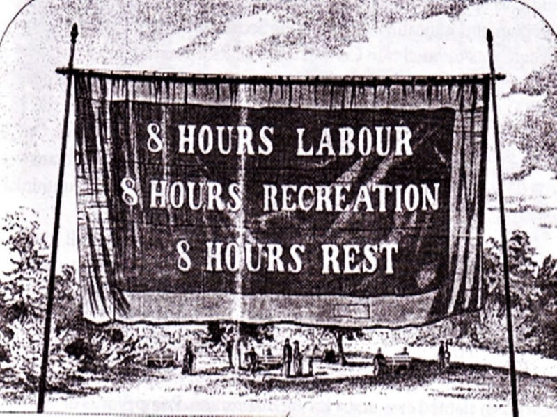 A luta dos trabalhadores, como a jornada de oito horas descrita no cartaz acima,